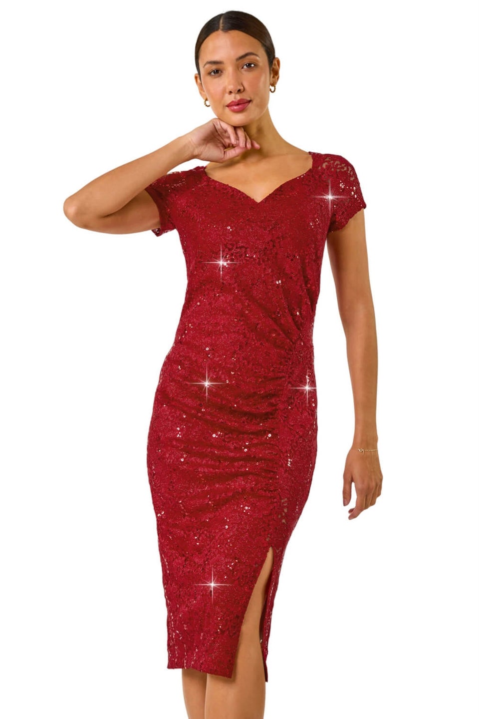 Roman Red Lace Side Gathered Dress Matalan