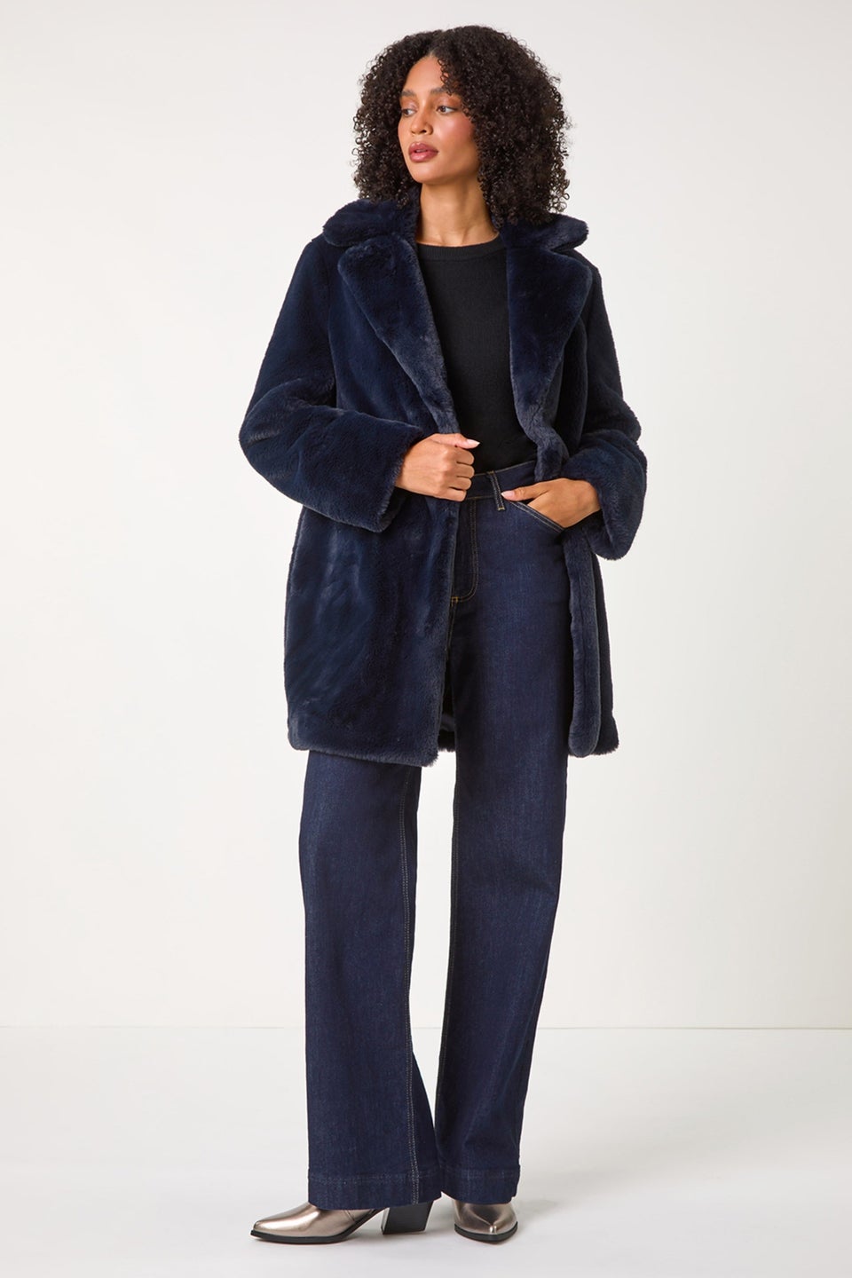 Roman Midnight Blue Faux Fur Longline Coat