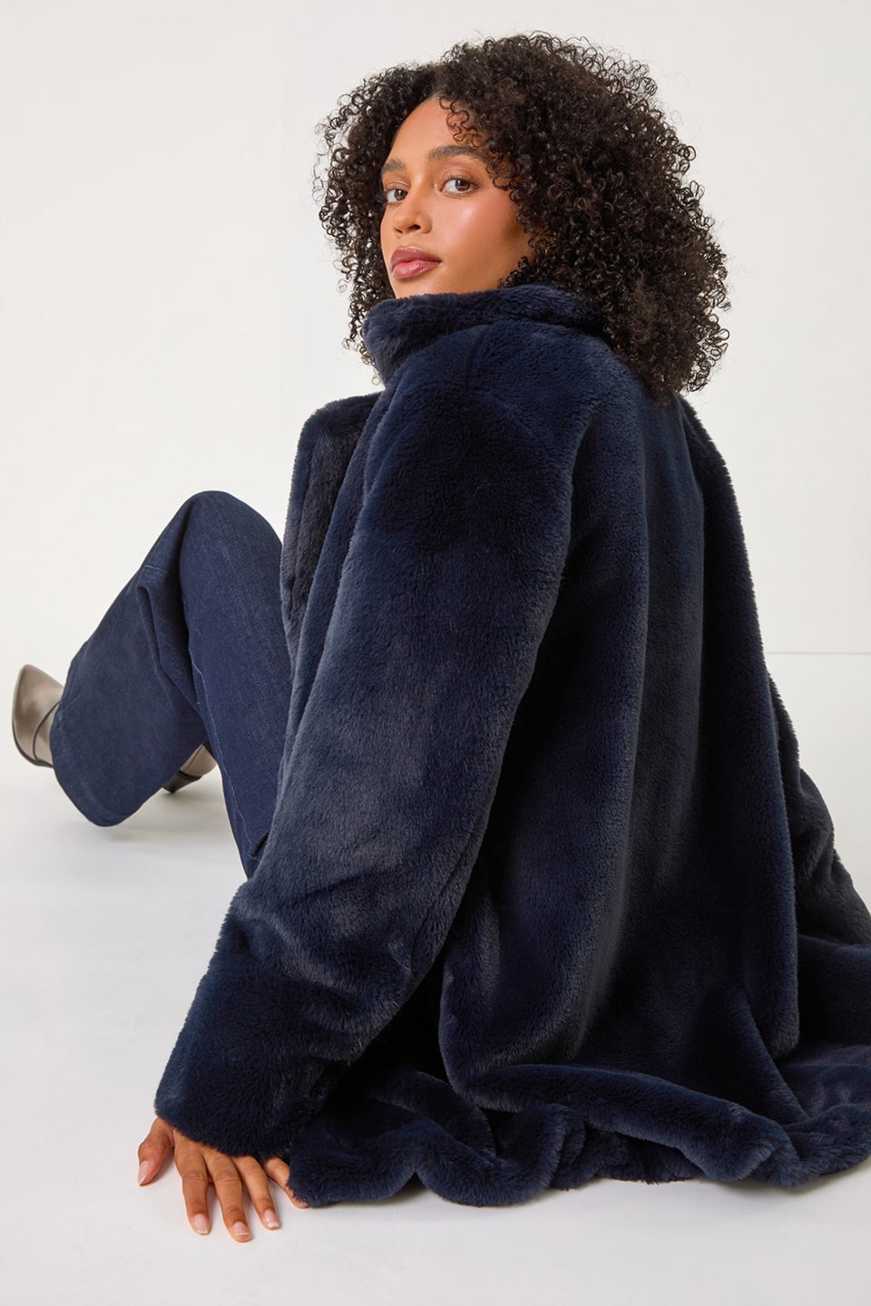 Roman Midnight Blue Faux Fur Longline Coat
