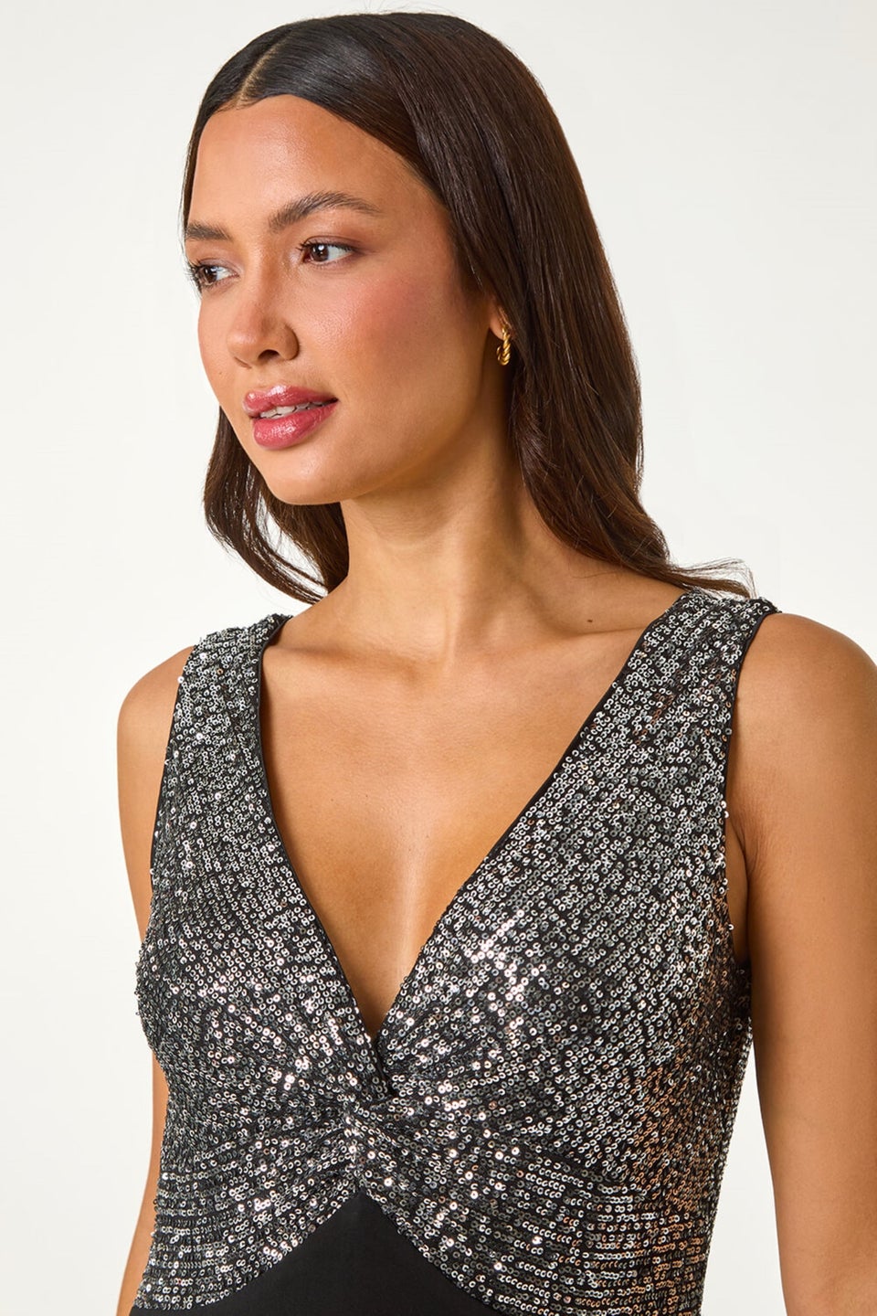 Roman Silver Contrast Sequin Bodice Maxi Dress