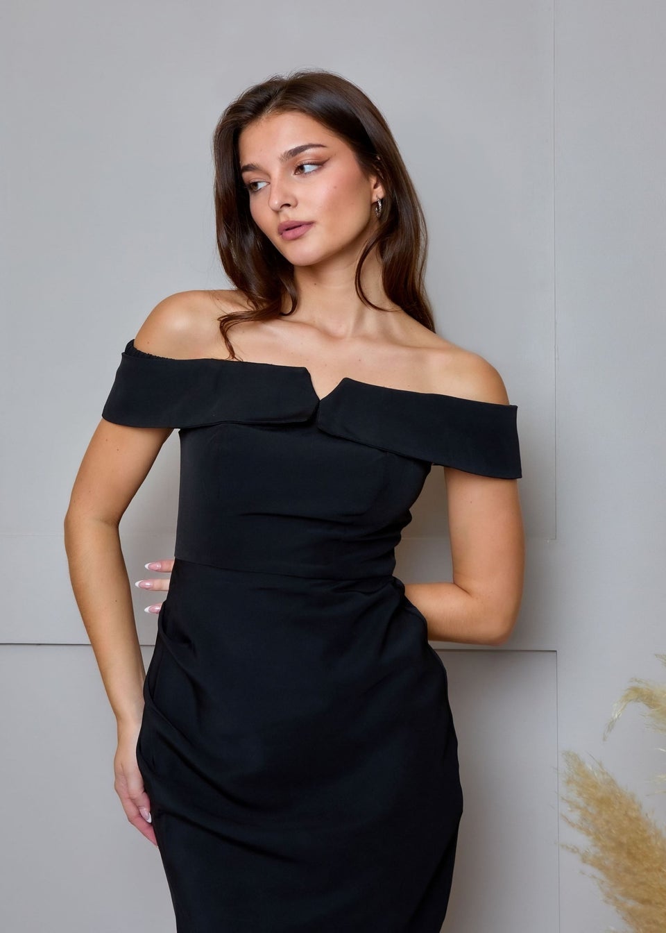 Chi Chi London Black Bardot Split Detail Bodycon Midi Dress