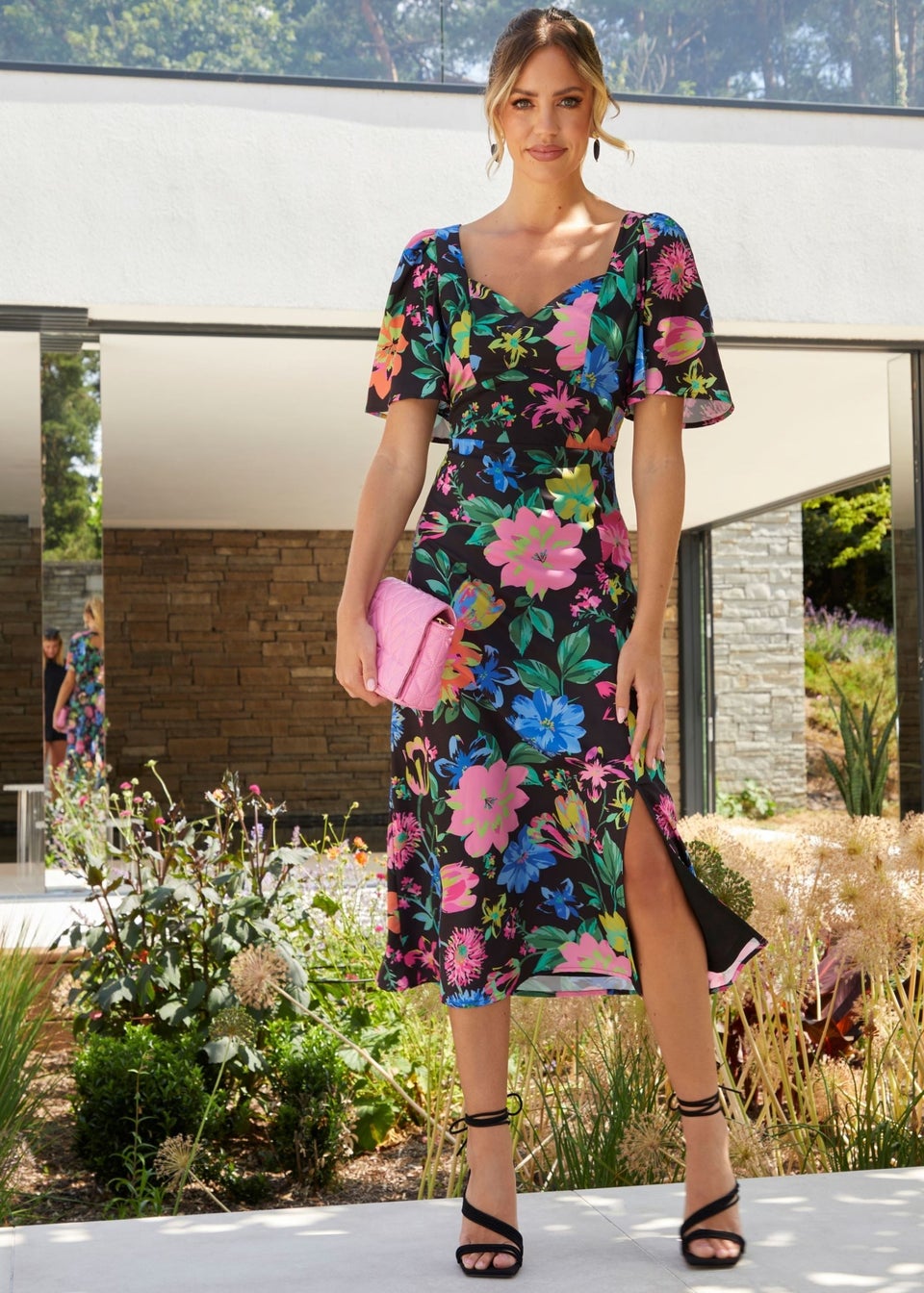 Chi Chi London Black Short Sleeve Floral Midi Dress