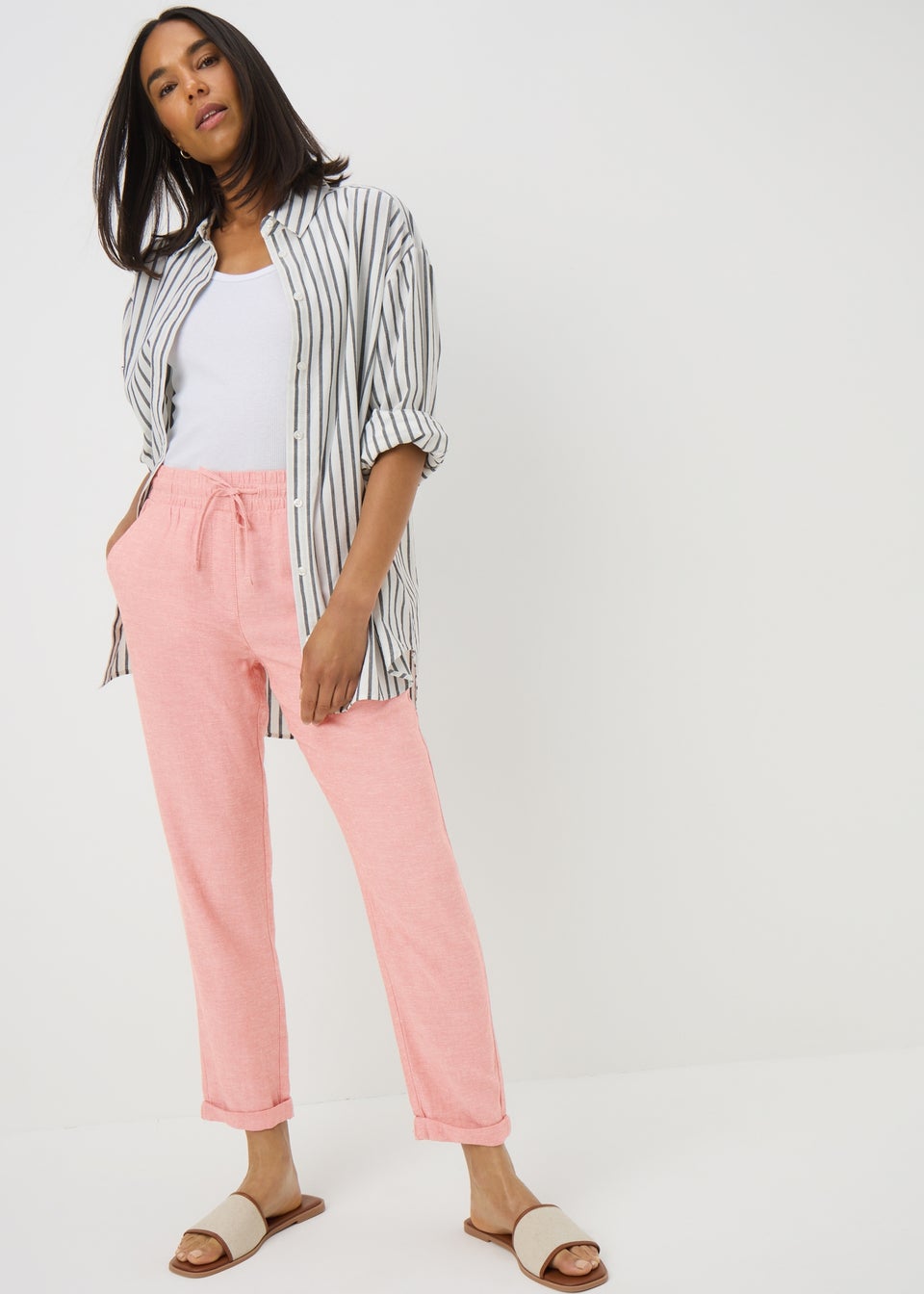 Pink Linen Blend Tapered Jogging Bottoms