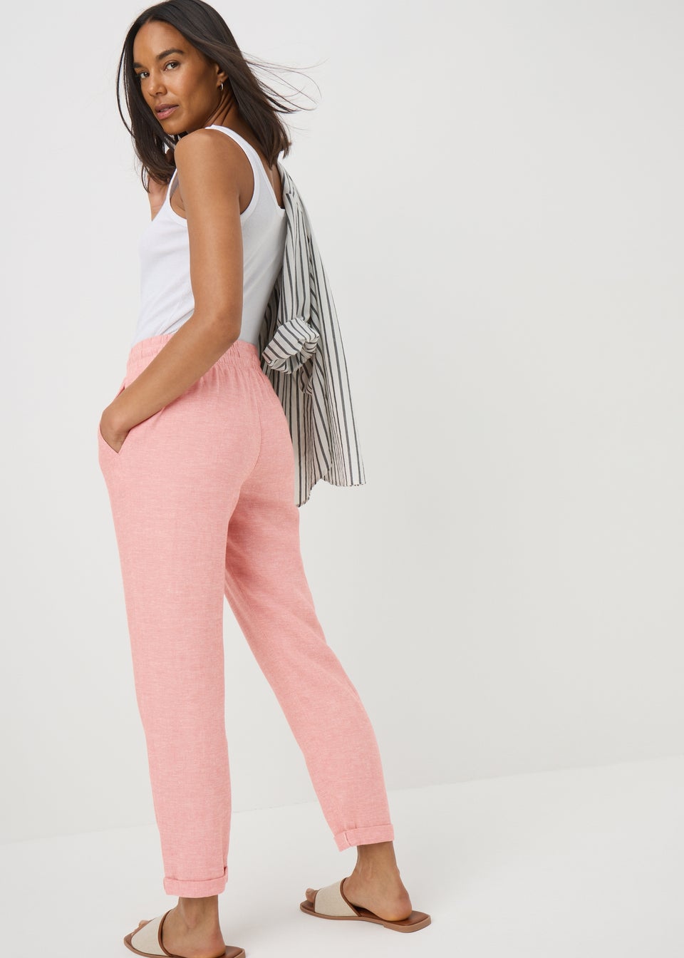 Pink Linen Blend Tapered Jogging Bottoms