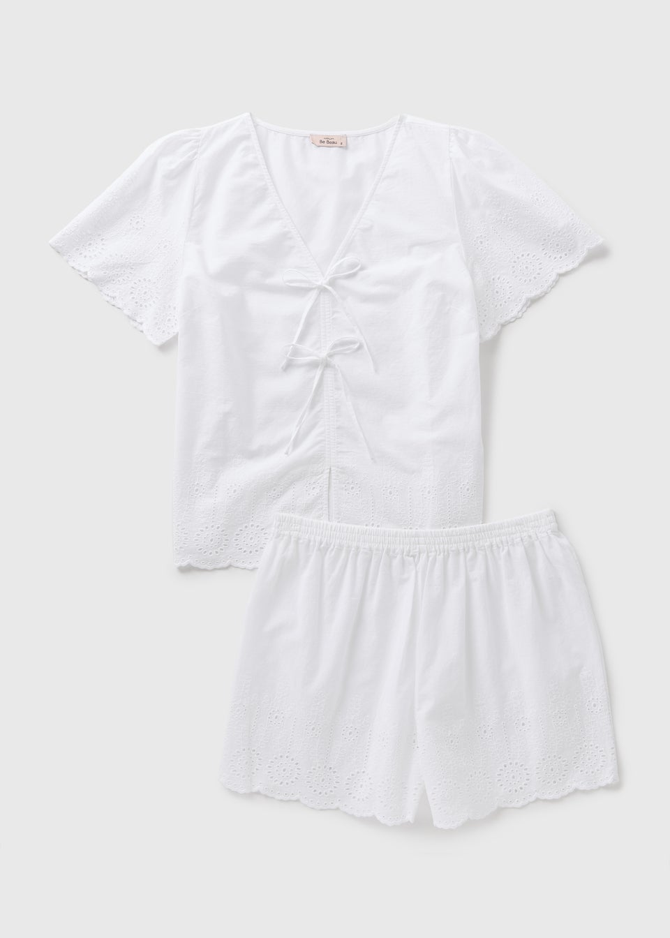 White Tie Front Broderie Pyjama Set