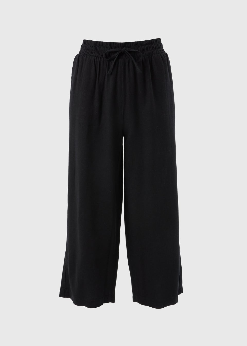 Black Wide Leg Cropped Linen Blend Trousers