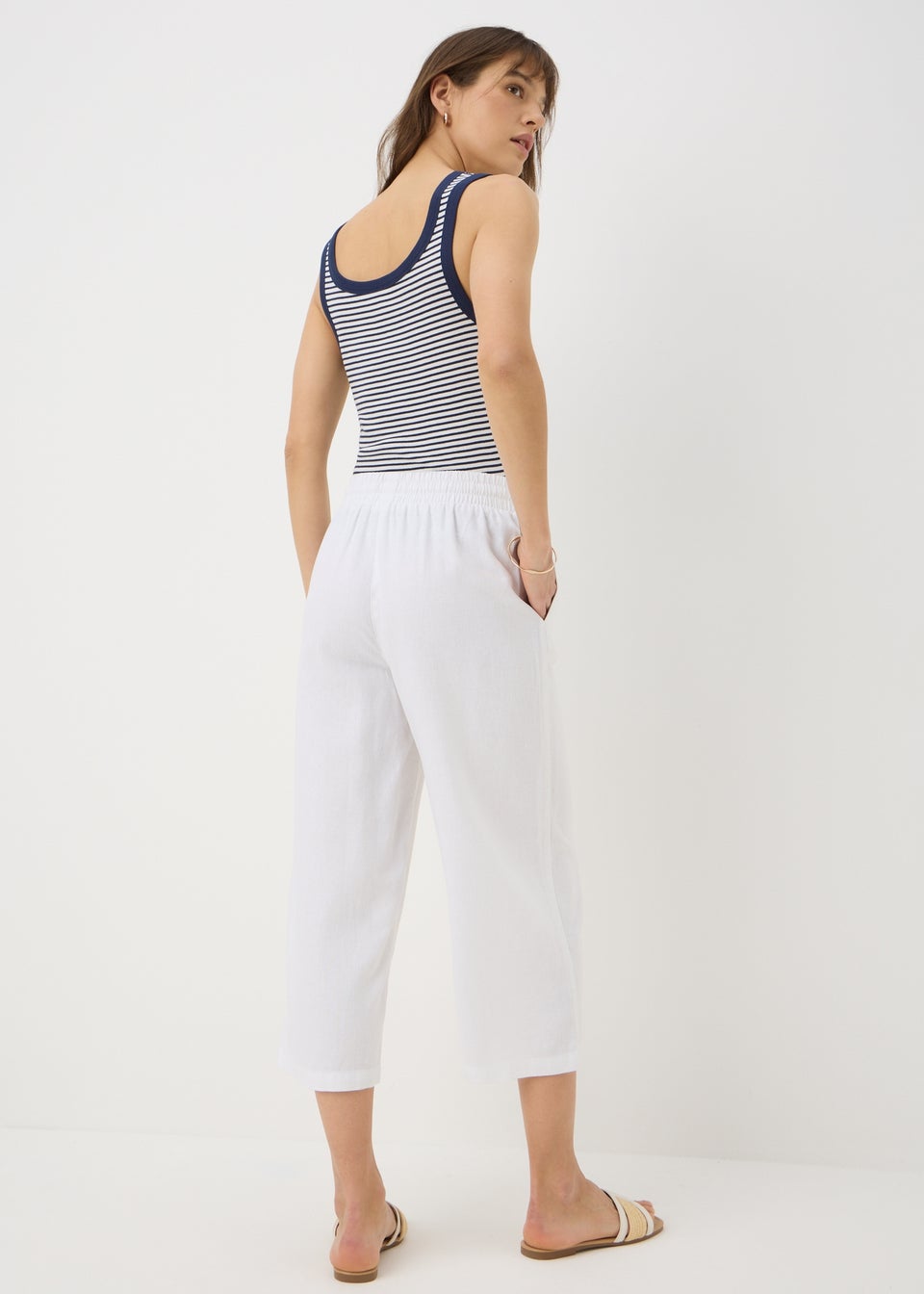 White Linen Blend Wide Cropped Trousers