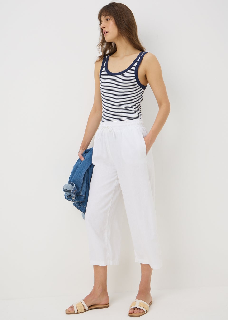 White Linen Blend Wide Cropped Trousers