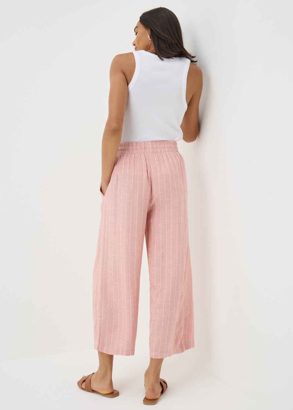 Pale Pink Linen Blend Stripe Wide Leg Cropped Trousers