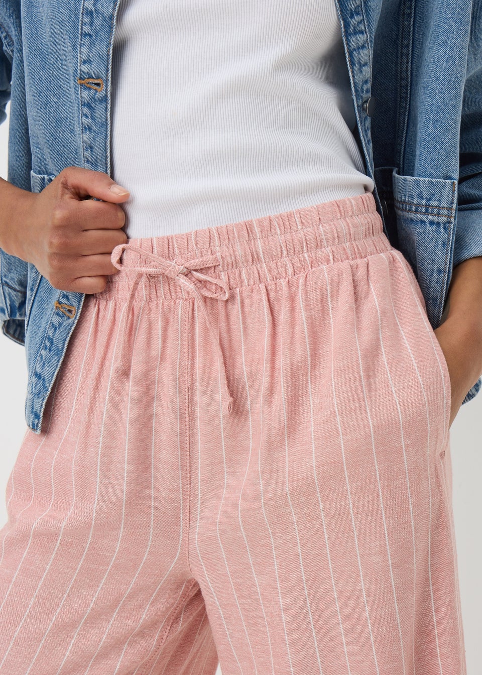Pale Pink Linen Blend Stripe Wide Leg Cropped Trousers
