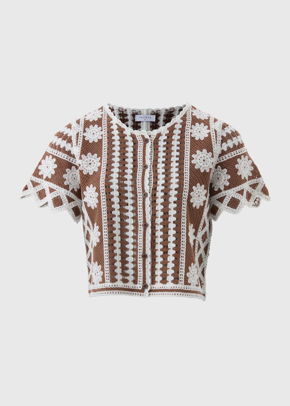 Brown Crochet Pattern Button Up T-Shirt