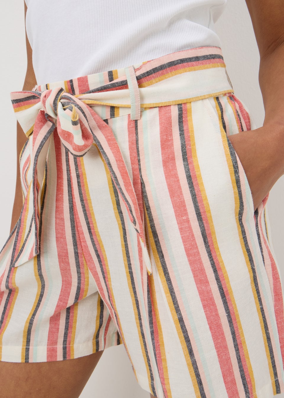 Pink Stripe Linen Blend Tie Shorts
