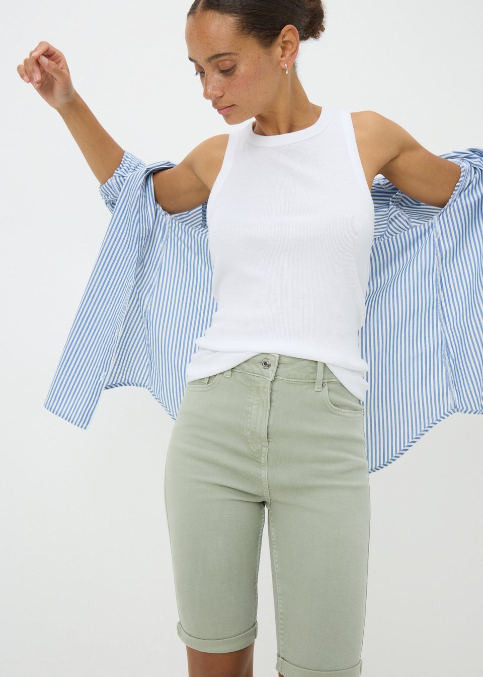 April Green Denim Knee Shorts