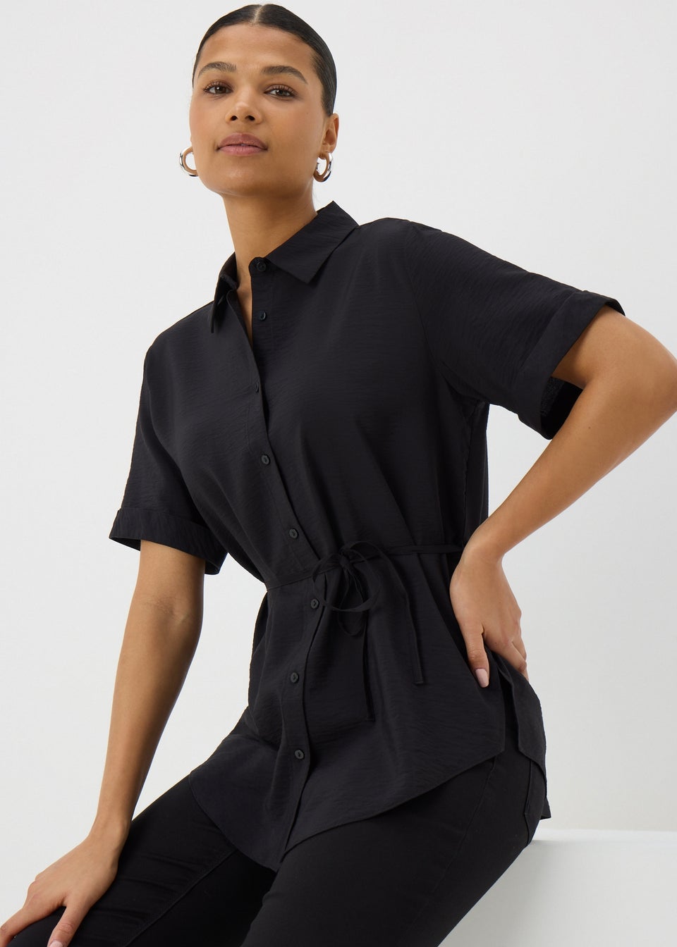 Black Tie Waist Longline Shirt