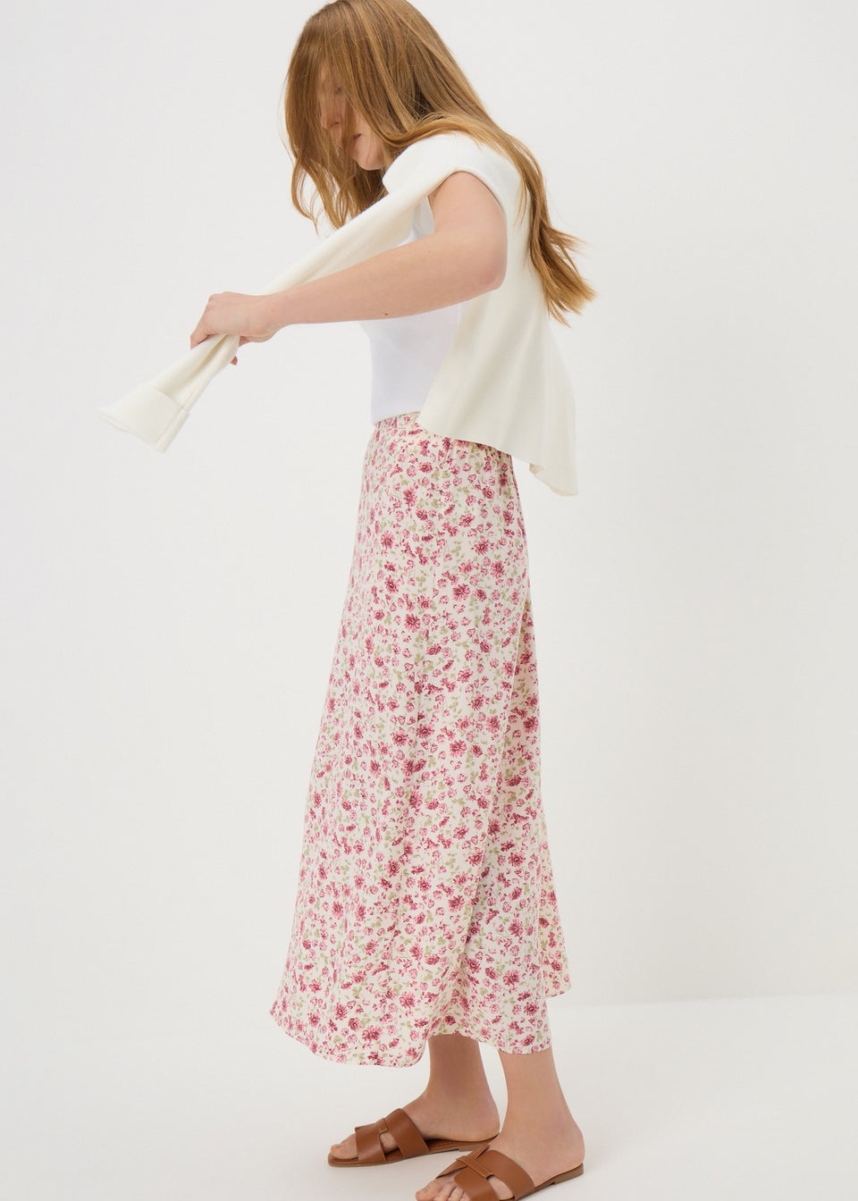 Pink Floral Flared Hem Midi Skirt
