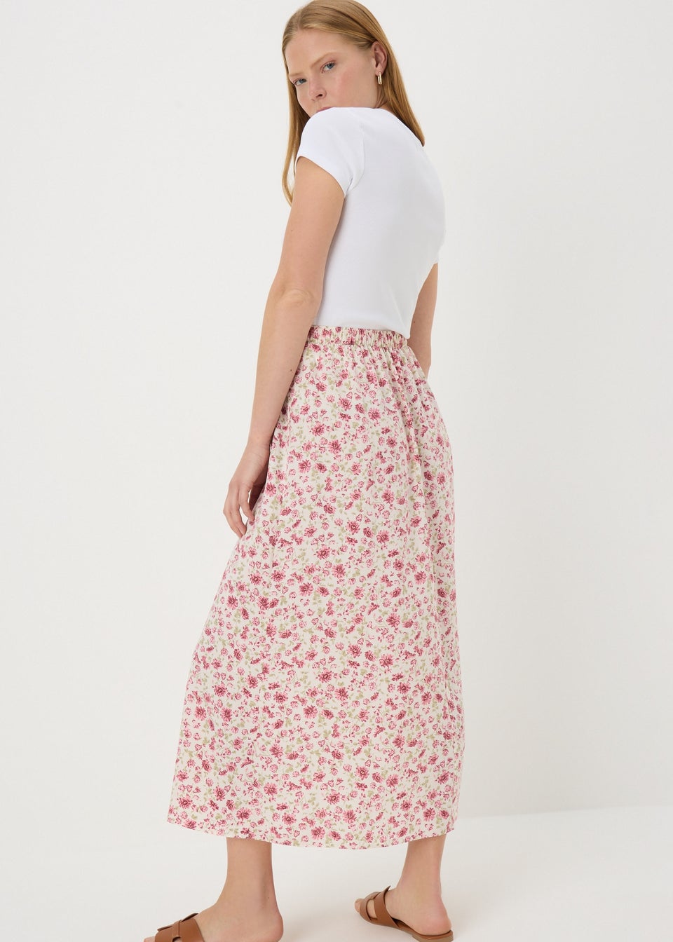 Pink Floral Flared Hem Midi Skirt