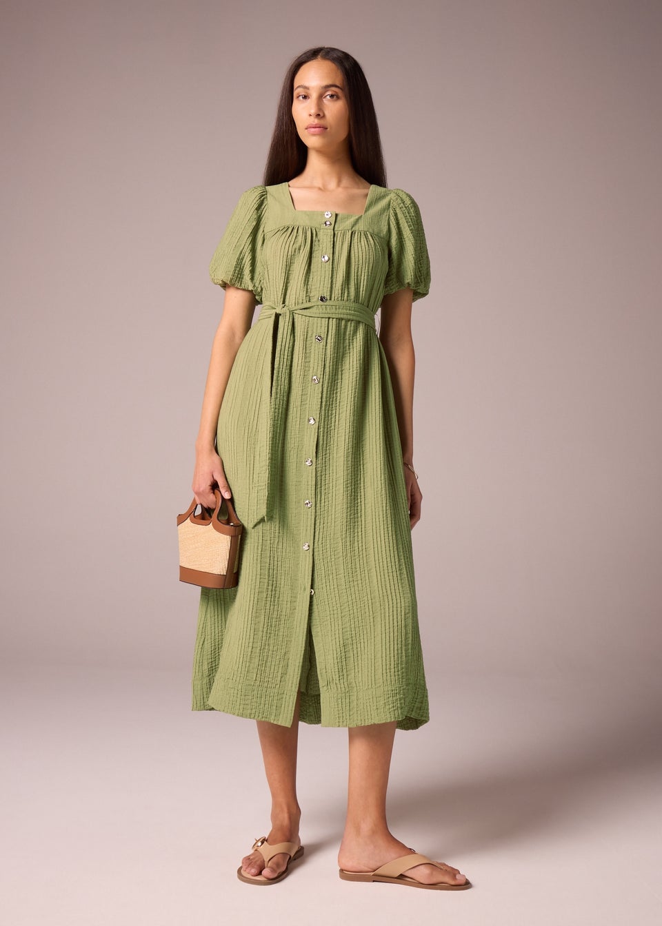 Et Vous Khaki Belted Textured Midi Dress