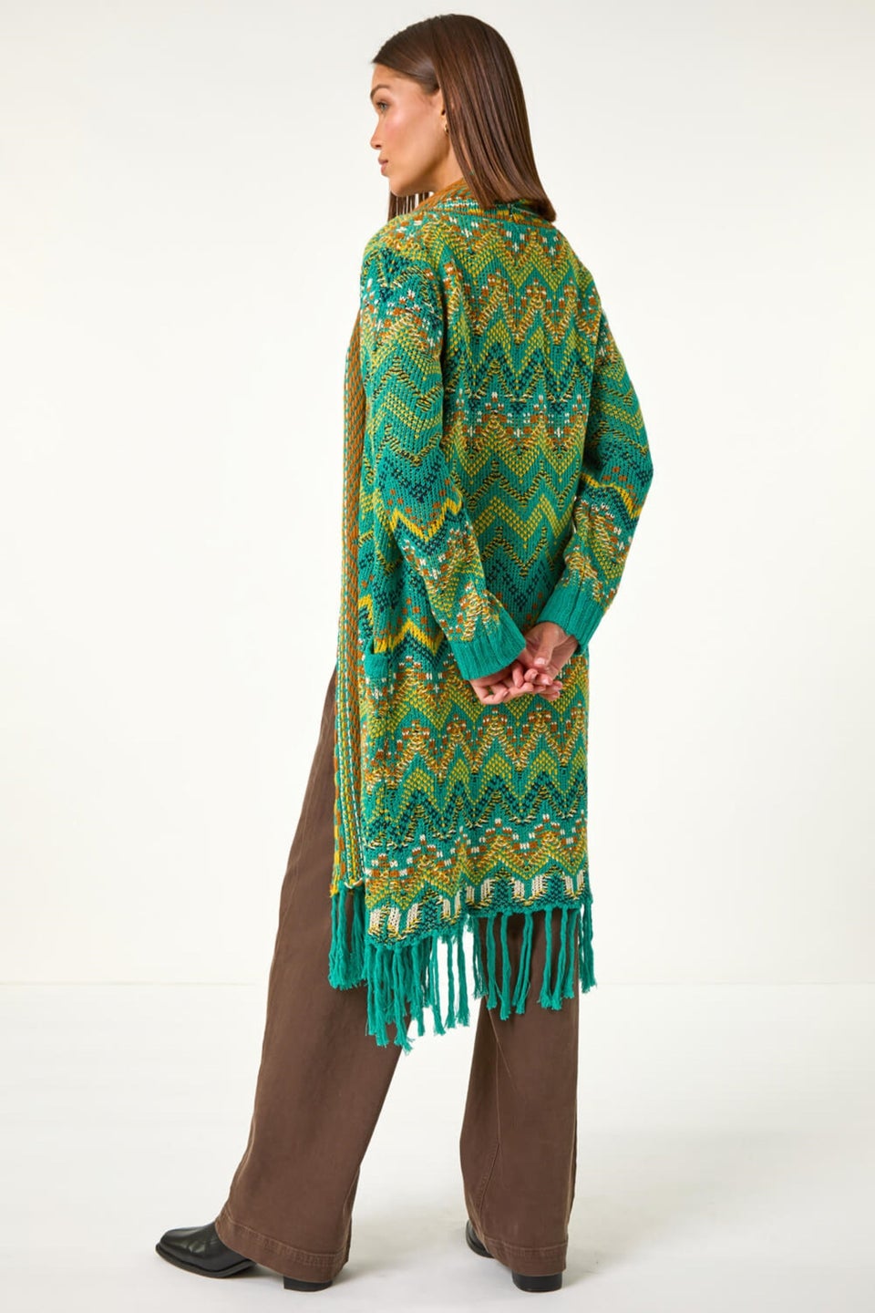 Roman Teal Pattern Fringe Cardigan