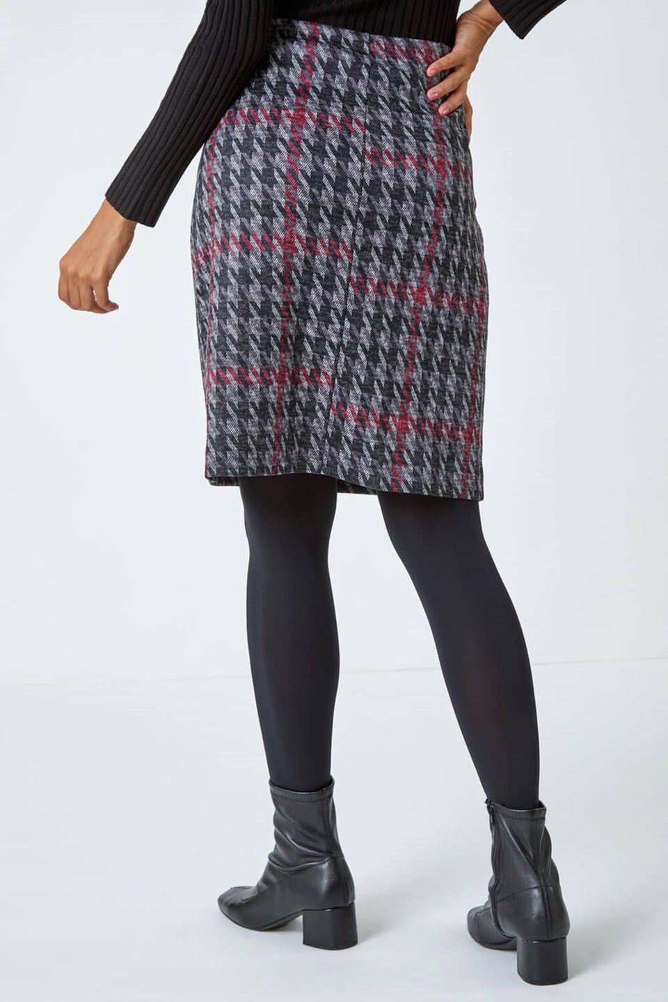 Roman Red Houndstooth Stretch Pencil Skirt