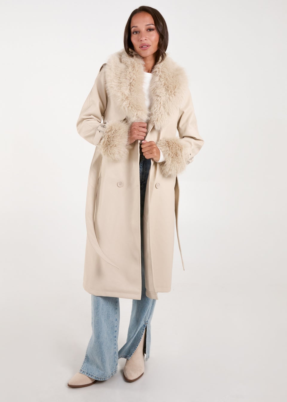 Blue Vanilla Stone Faux Fur Trim Double Breasted Pu Coat Matalan