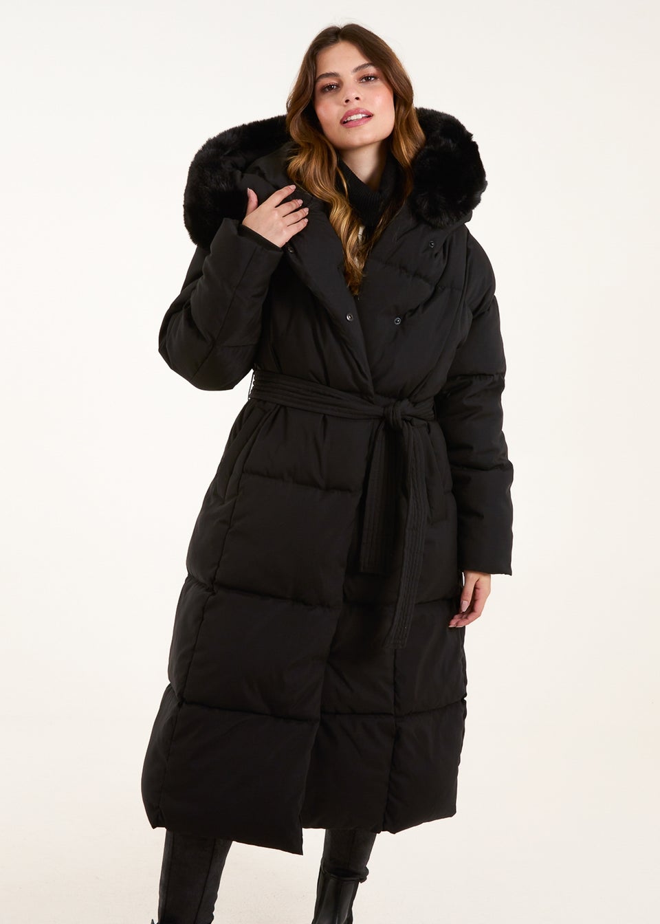 Blue Vanilla Black Quilted Puffer Coat With Fur Hood
