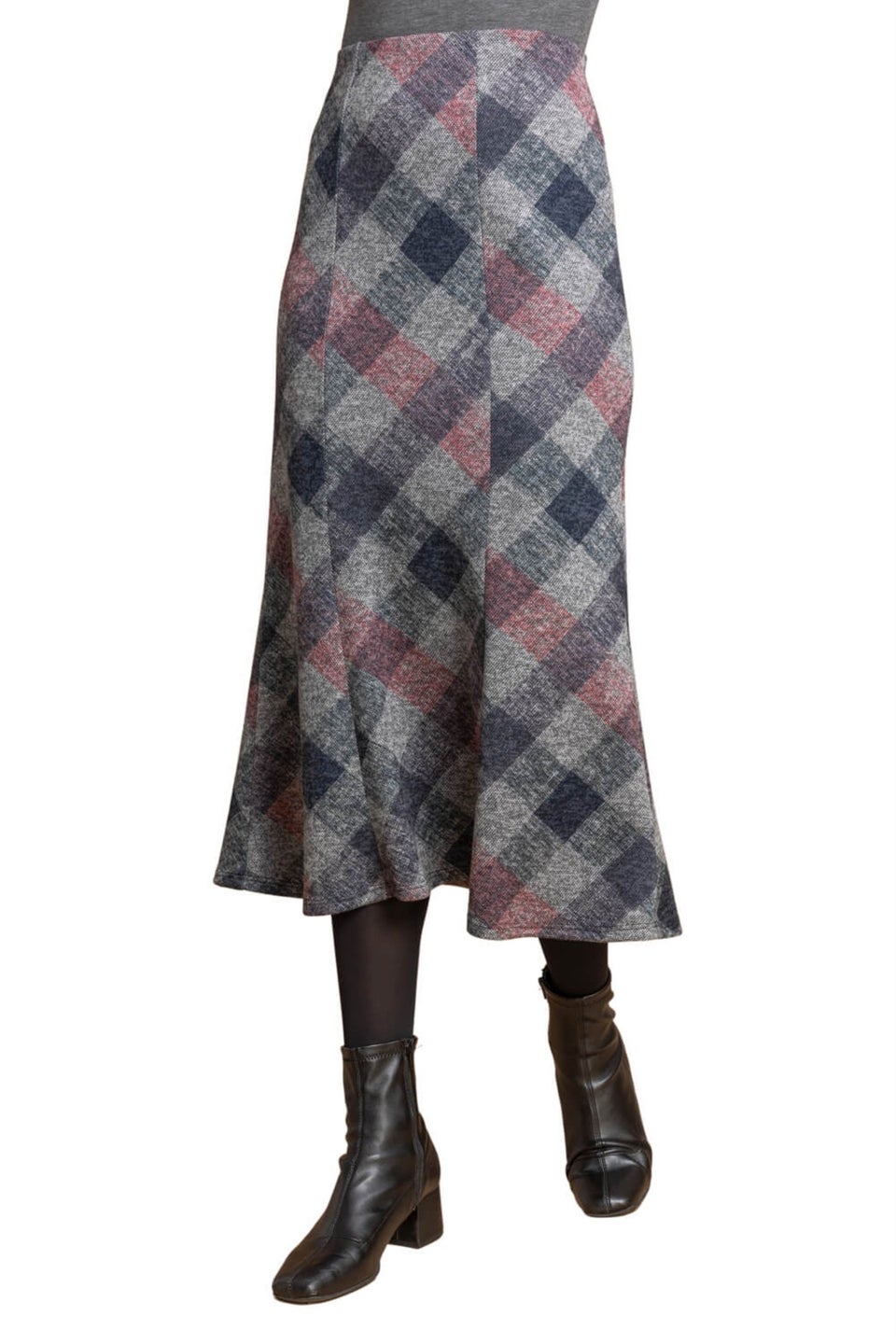 Roman Grey Check Print Fluted Midi Skirt