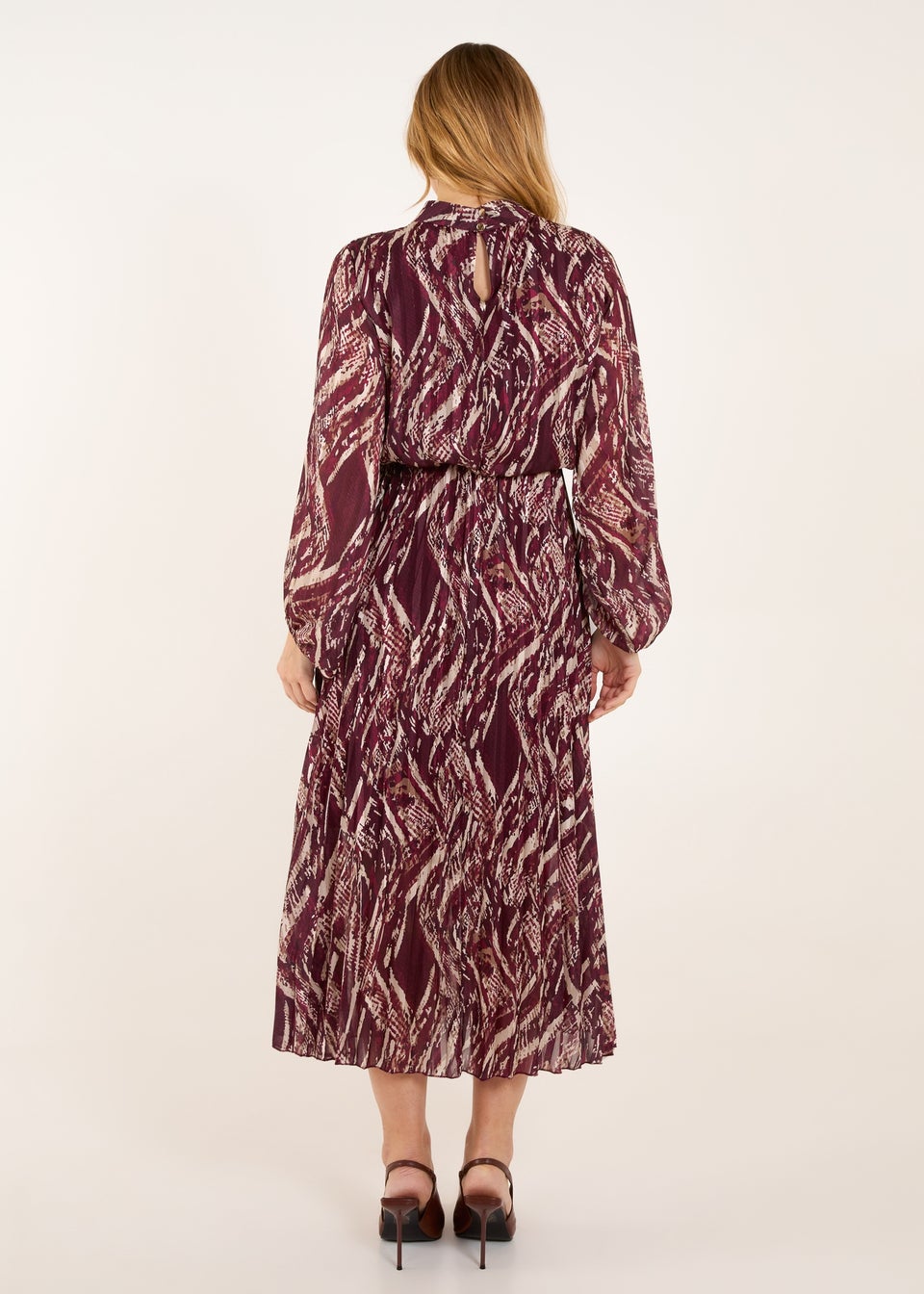 Blue Vanilla Red High Neck Pleated Digital Wave Abstract Dress