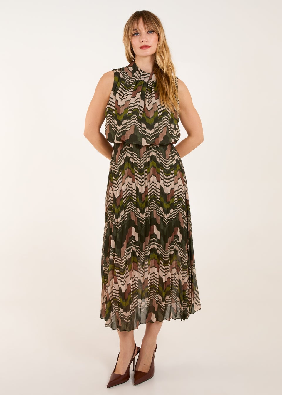 Blue Vanilla Khaki Tile Print High Neck Sleeveless Dress