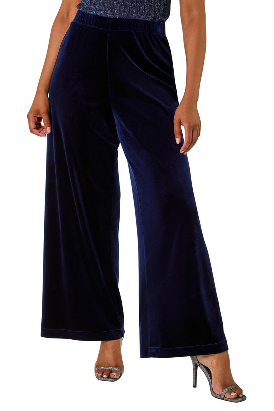 Roman Midnight Blue Petite Wide Leg Velvet Stretch Trouser
