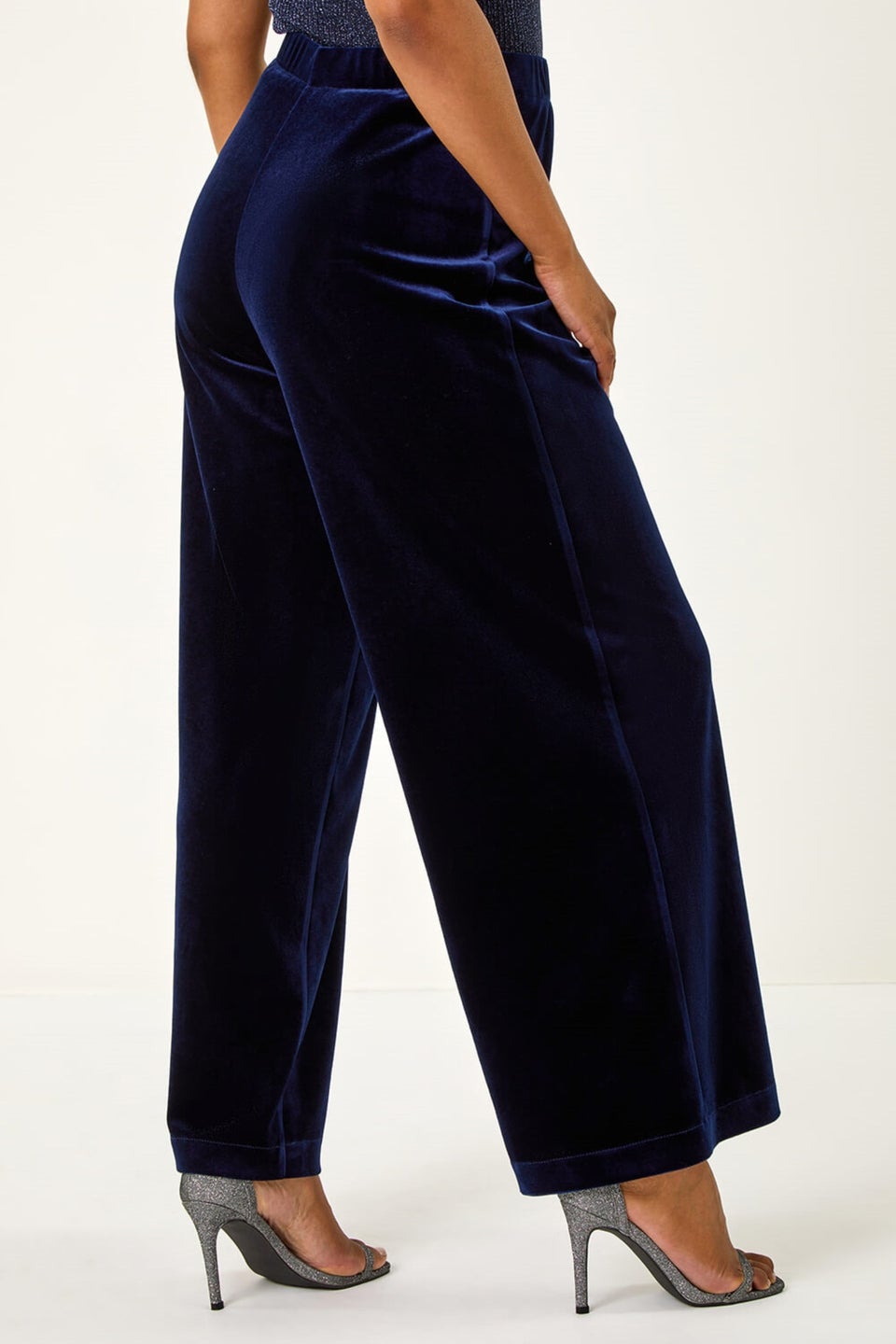 Roman Midnight Blue Petite Wide Leg Velvet Stretch Trouser