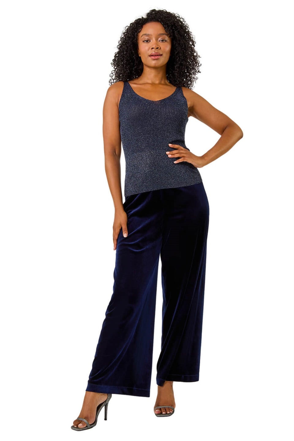 Roman Midnight Blue Petite Wide Leg Velvet Stretch Trouser
