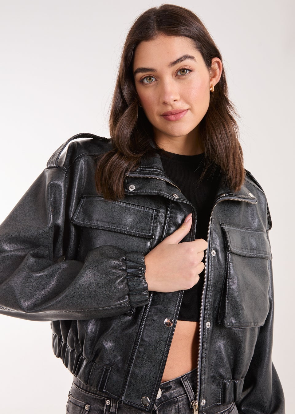 Pink Vanilla Black PU Utility Cropped Bomber Jacket