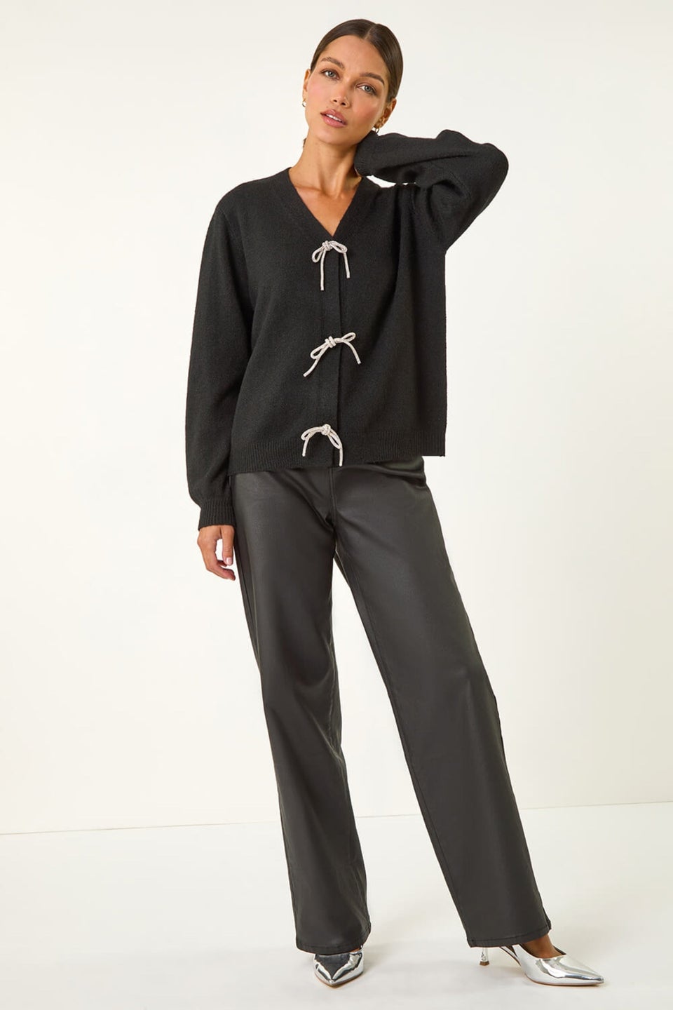Roman Black Bow Embelished Knit Cardigan
