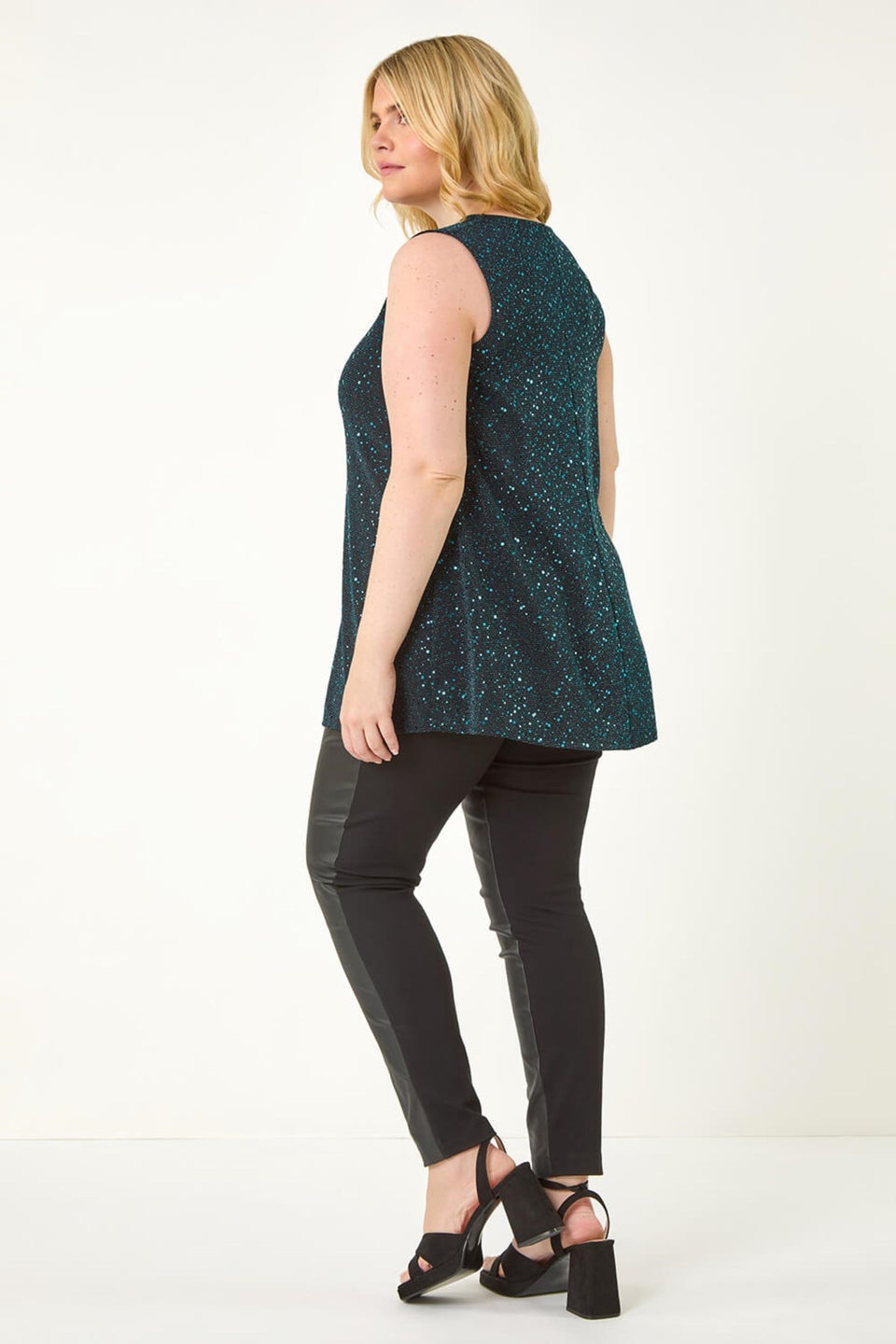 Roman Teal Curve Sparkle Vest Stretch Top