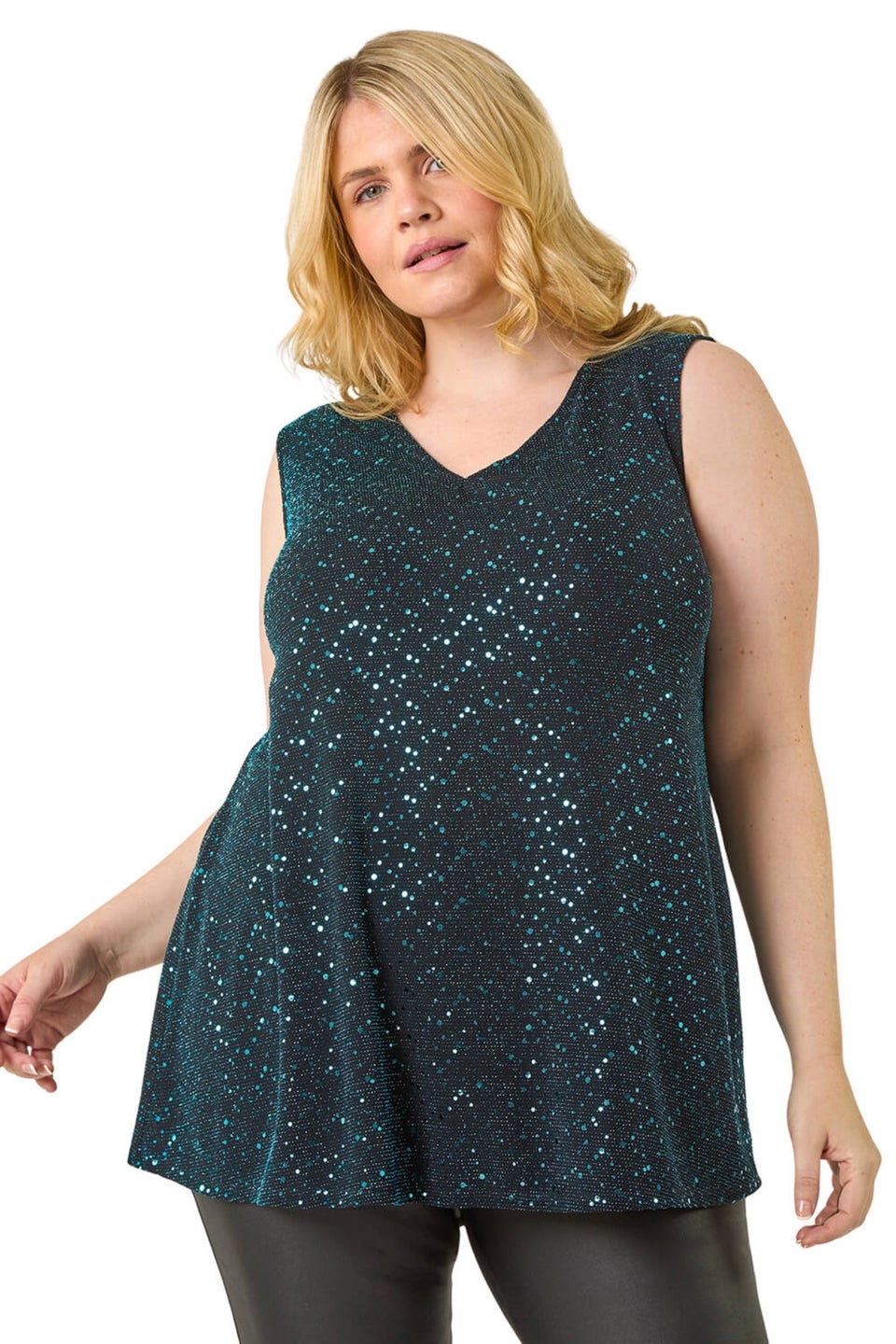 Roman Teal Curve Sparkle Vest Stretch Top