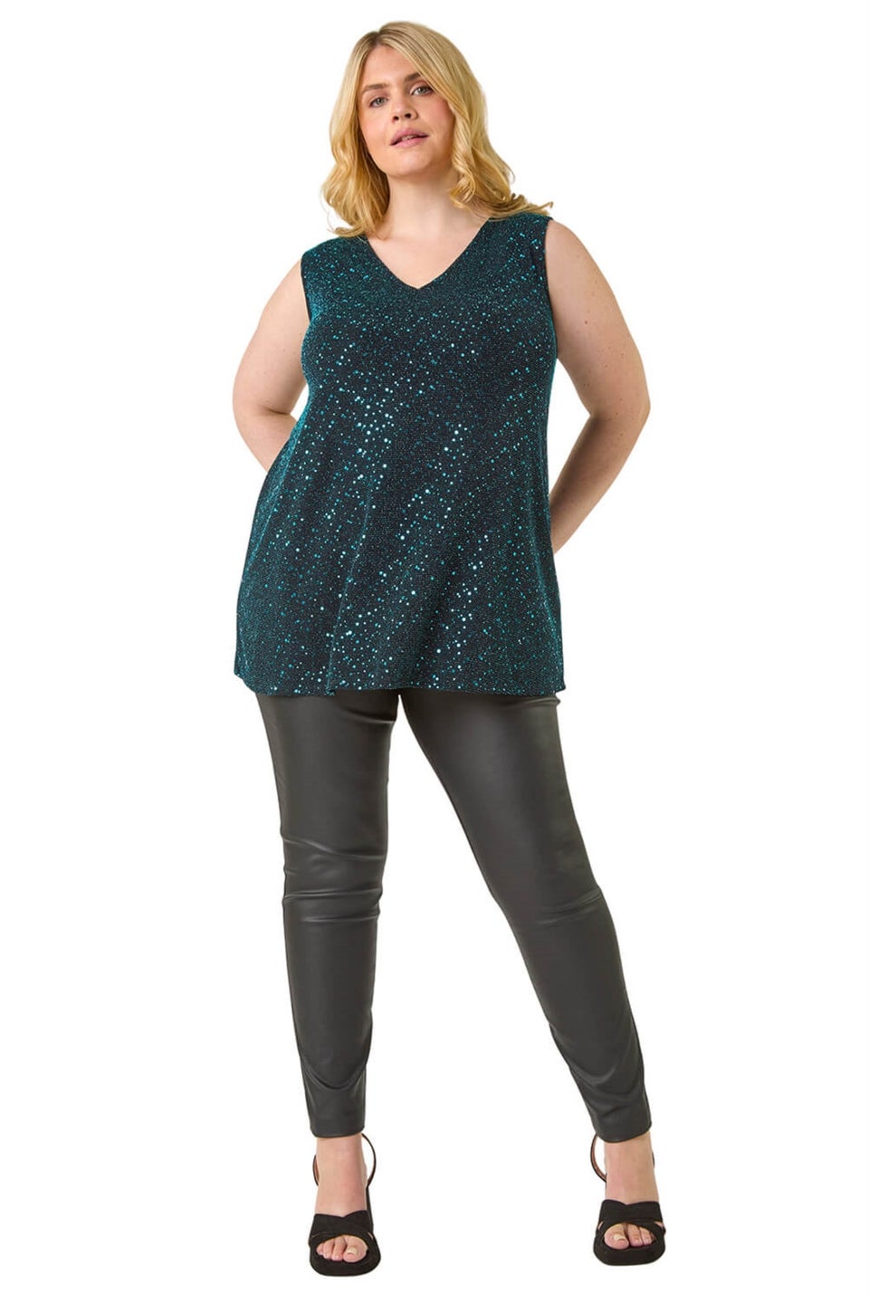 Roman Teal Curve Sparkle Vest Stretch Top