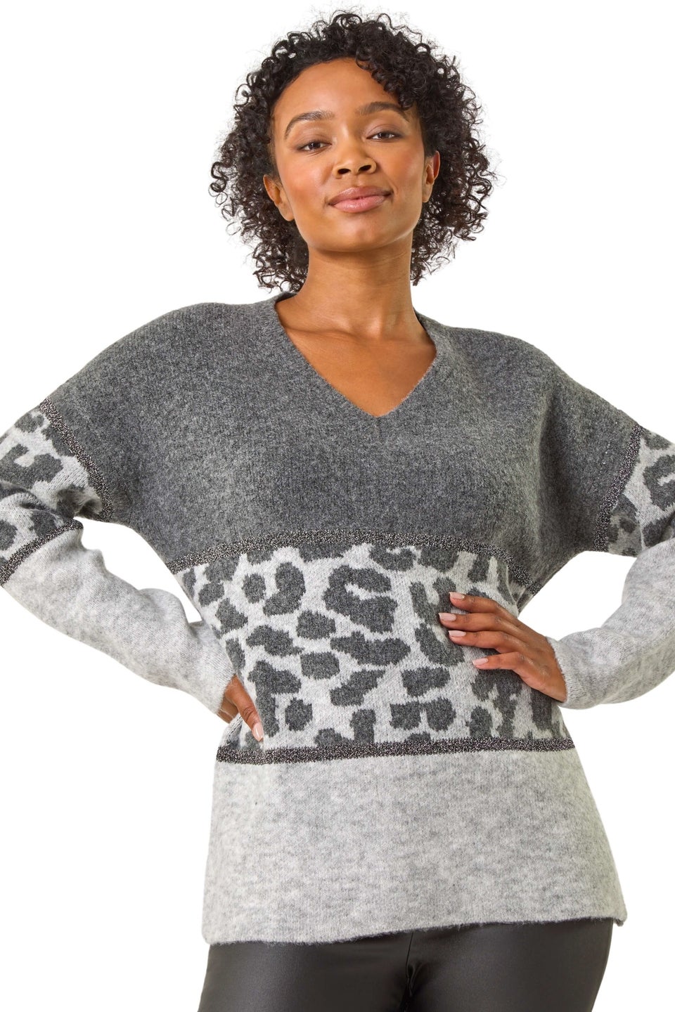 Roman Grey Petite Animal Colourblock Stretch Jumper