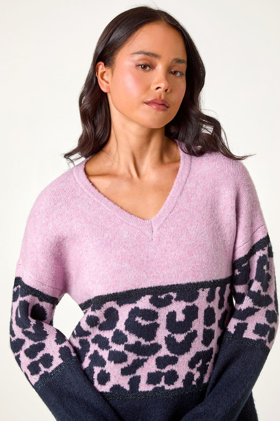 Roman Lilac Petite Animal Colourblock Stretch Jumper