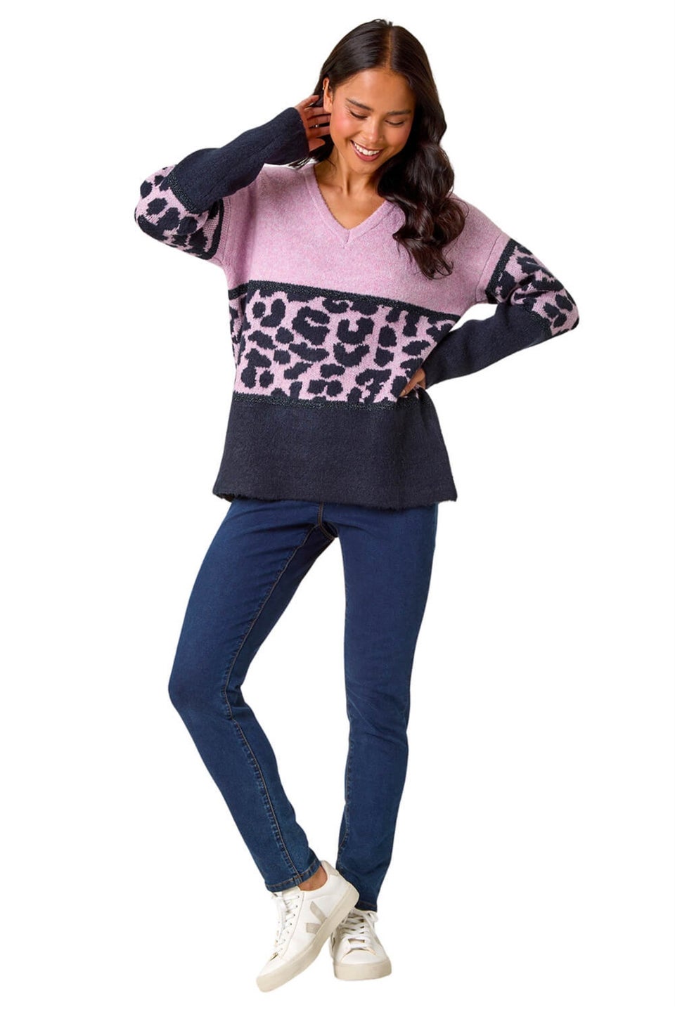Roman Lilac Petite Animal Colourblock Stretch Jumper