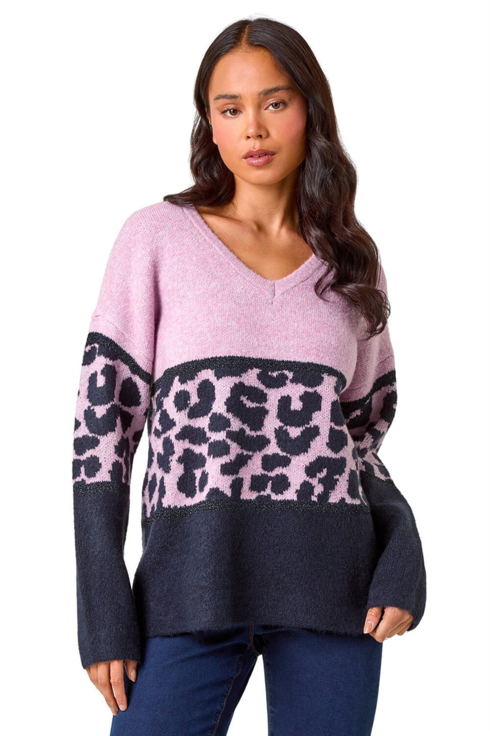 Roman Lilac Petite Animal Colourblock Stretch Jumper