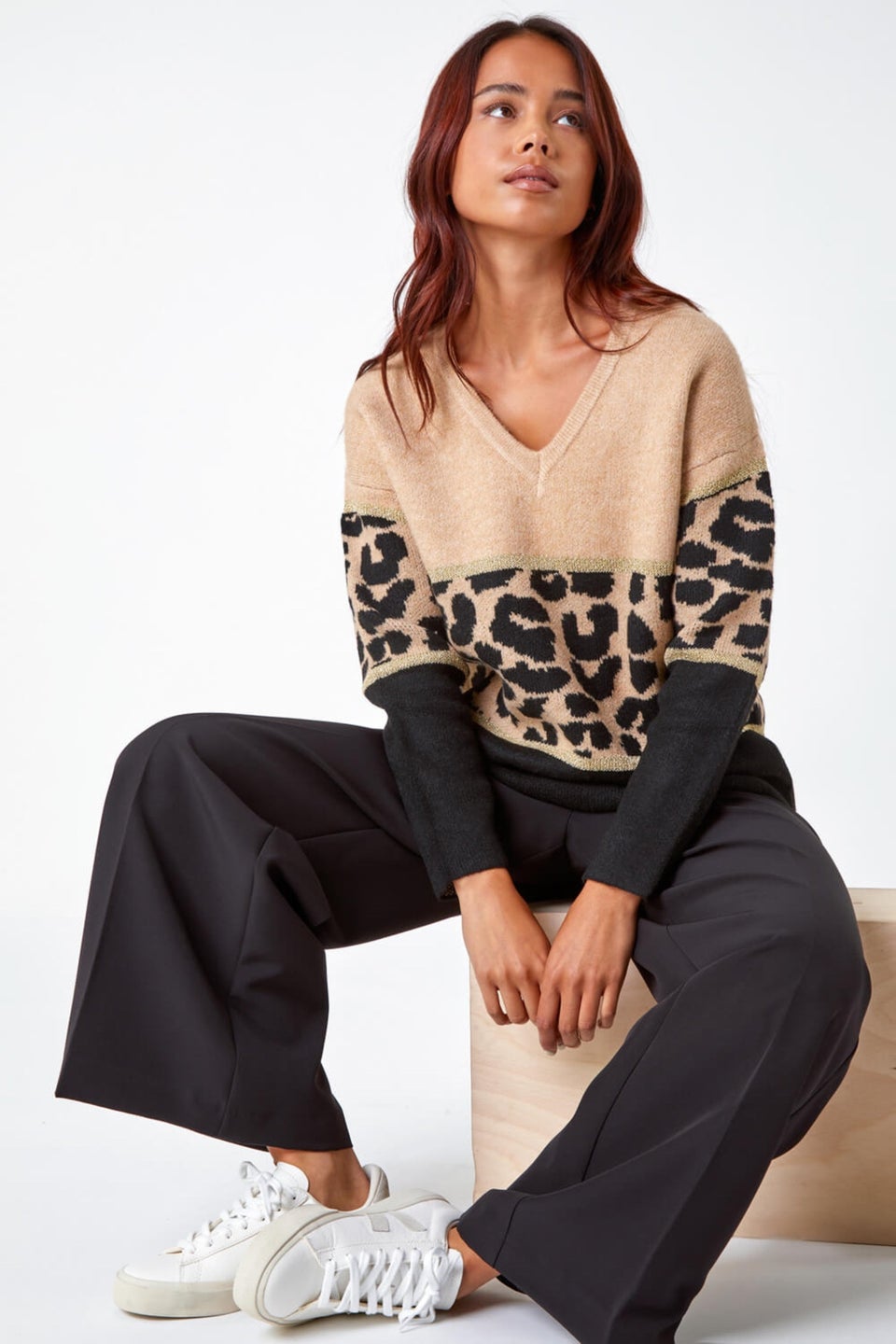Roman Camel Petite Animal Print Colourblock Jumper