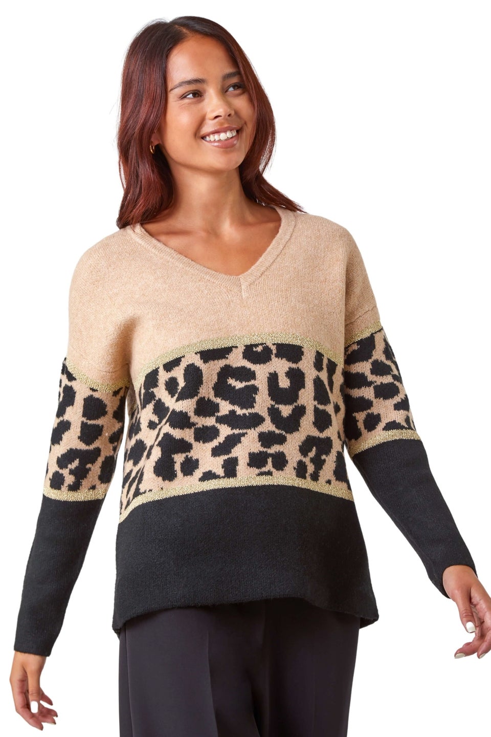 Roman Camel Petite Animal Print Colourblock Jumper