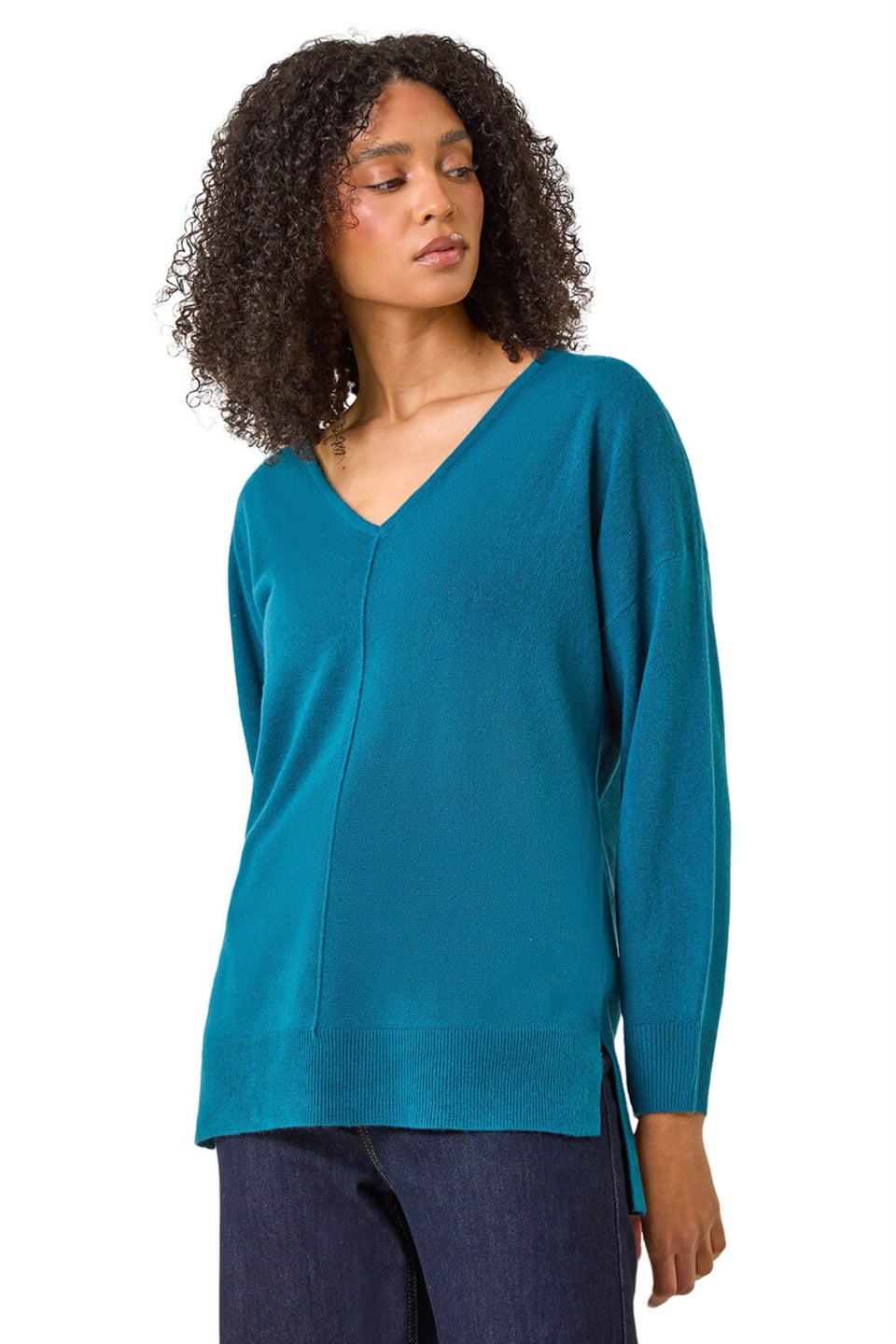 Roman Teal Soft V-Neck Side Split Knit Sweater