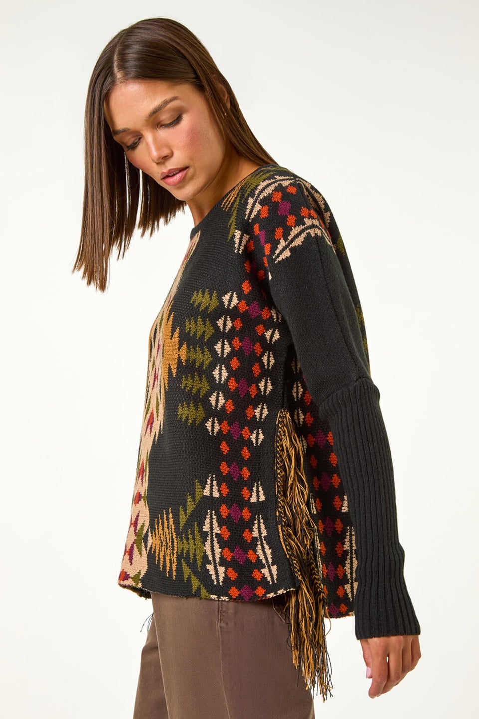 Roman Black Tribal Pattern Fringe Jumper