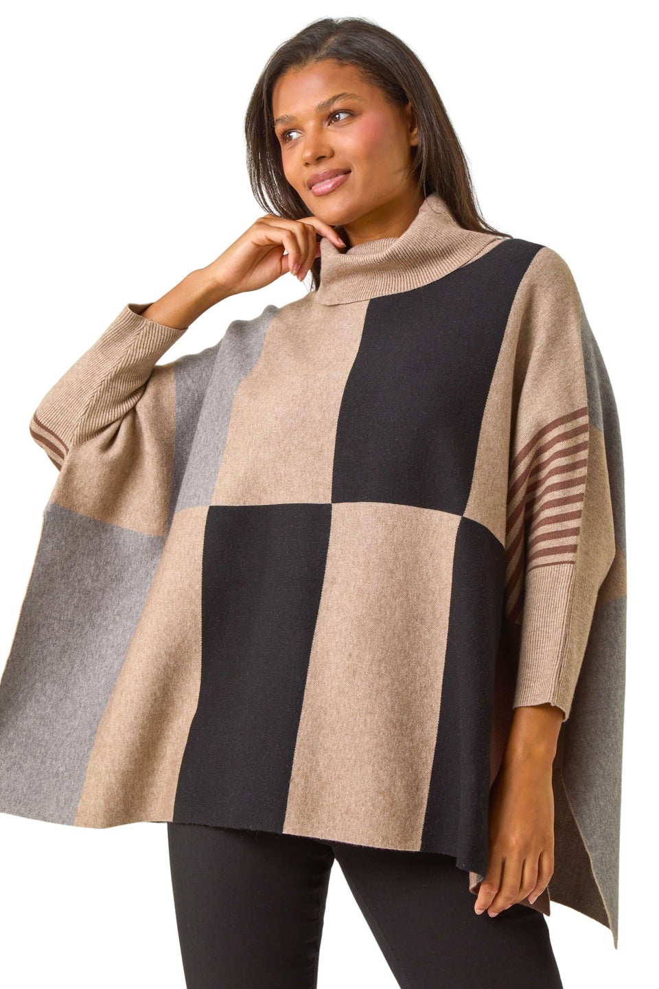 Roman Camel Check Colour Block Knit Poncho