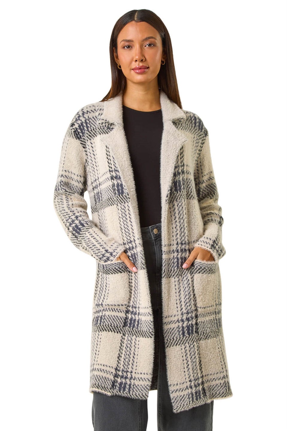 Roman Grey Patchwork Check Collar Pocket Cardigan