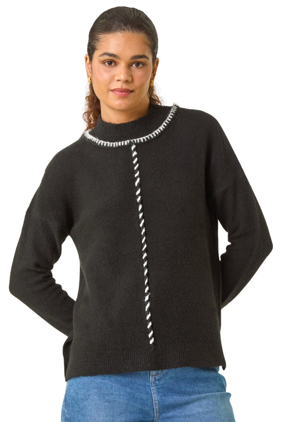 Roman Black Funnel Neck Seam Detail Jumper