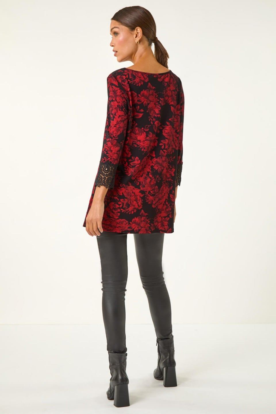 Roman Red Floral Print Lace Trim Stretch Top