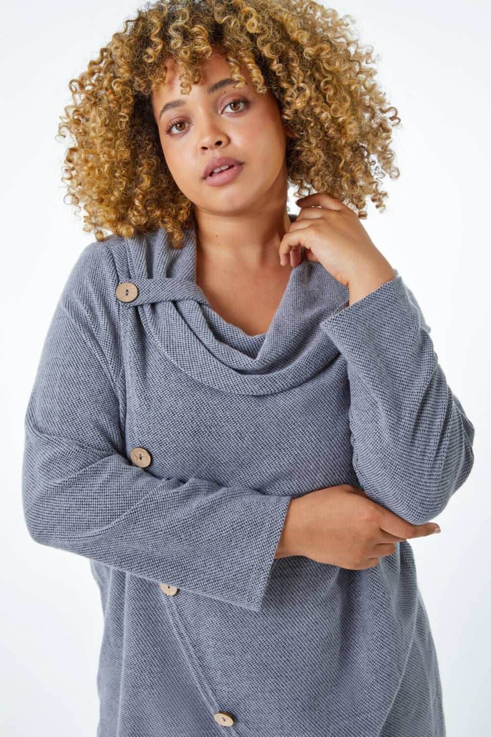 Roman Light Grey Curve Cowl Neck Button Wrap Top