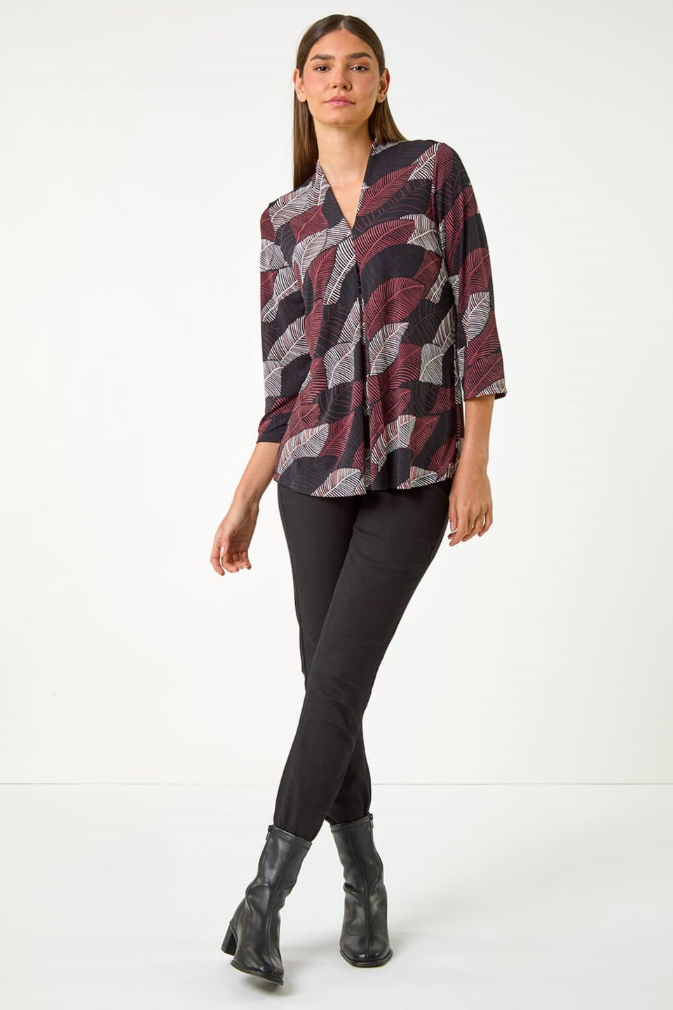 Roman Maroon Leaf Print V Neck Stretch Jersey Top